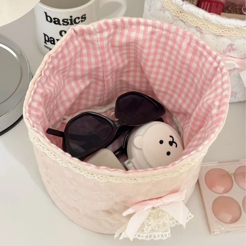 Balletcore Cylinder Storage Basket Sweetheart Lace Handmade Desktop Organizer Romantic Pink Aesthetic Stationery Makeup Box