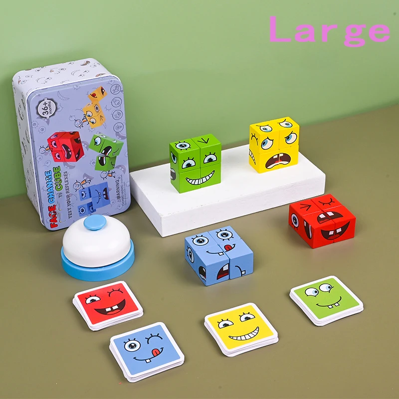 Large Learning Educational Toy Set Cards Emoticon Puzzle Face Change Cubes Wooden Toys Building Blocks Game For Children Kids