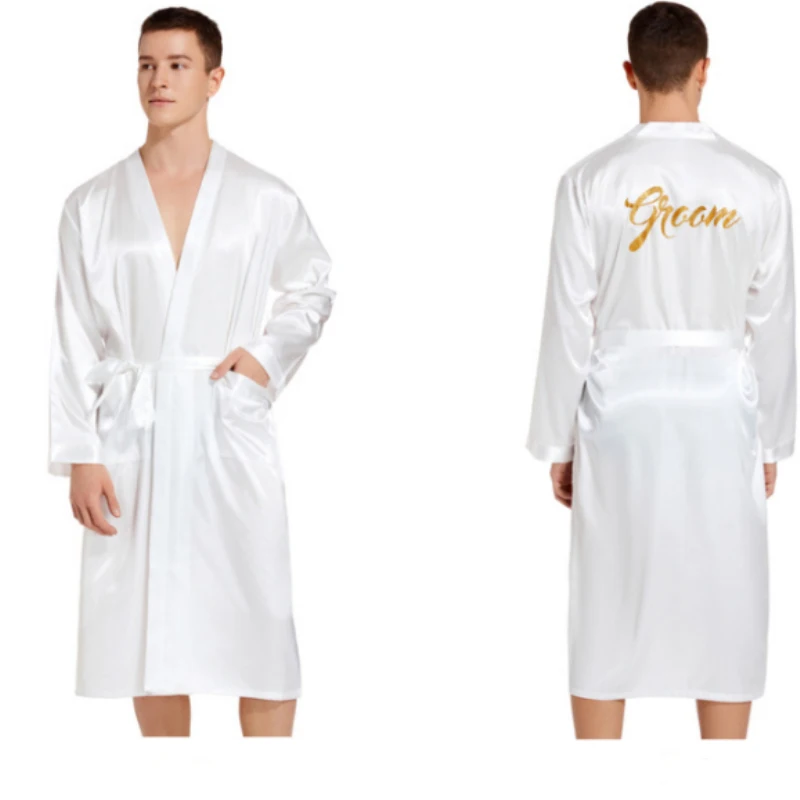 Atacado dos homens V Neck Satin Robe Kimono Longo Roupão Noivo Gold Glitter Camisola Leve Sleepwear para Festa de Casamento T129