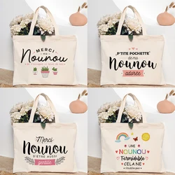 Gracias Nounou, bolso de mano con estampado francés para mujer, bolsas de compras de lona, bolsos de hombro para mujer, bolso reutilizable, regalo de agradecimiento para Nounou