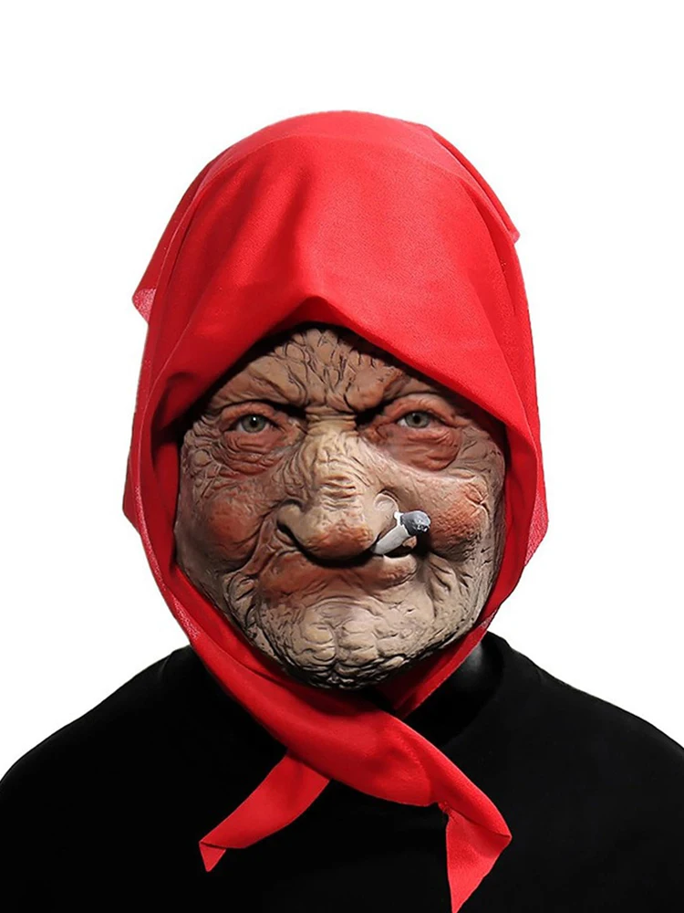 Smoking Old Nana Granny Latex Mask Cosplay Funny Grandma Red Scarf Masks Halloween Carnival Dress Up Purim Party Costume Props
