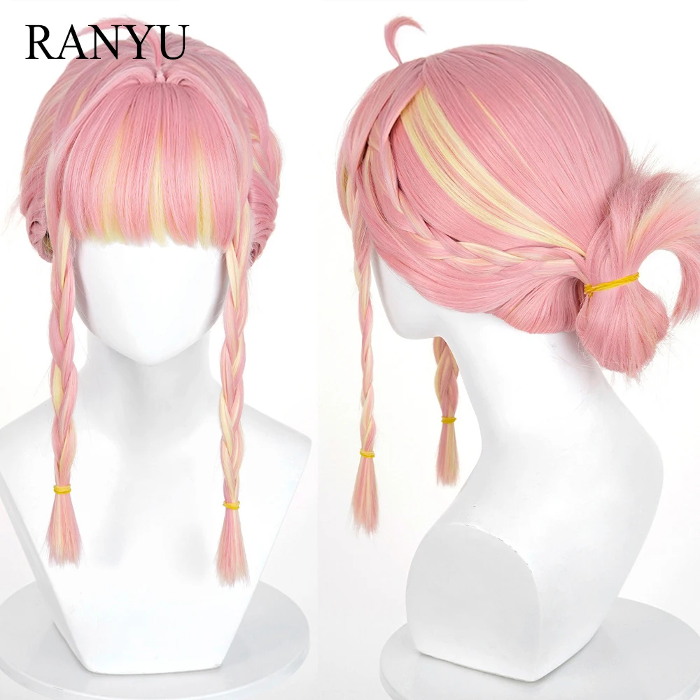 Synthetic Short Straight Pink Ombre Yellow Braided Wigs with Bangs Fluffy Anime Game Cosplay Wig for Daily Party