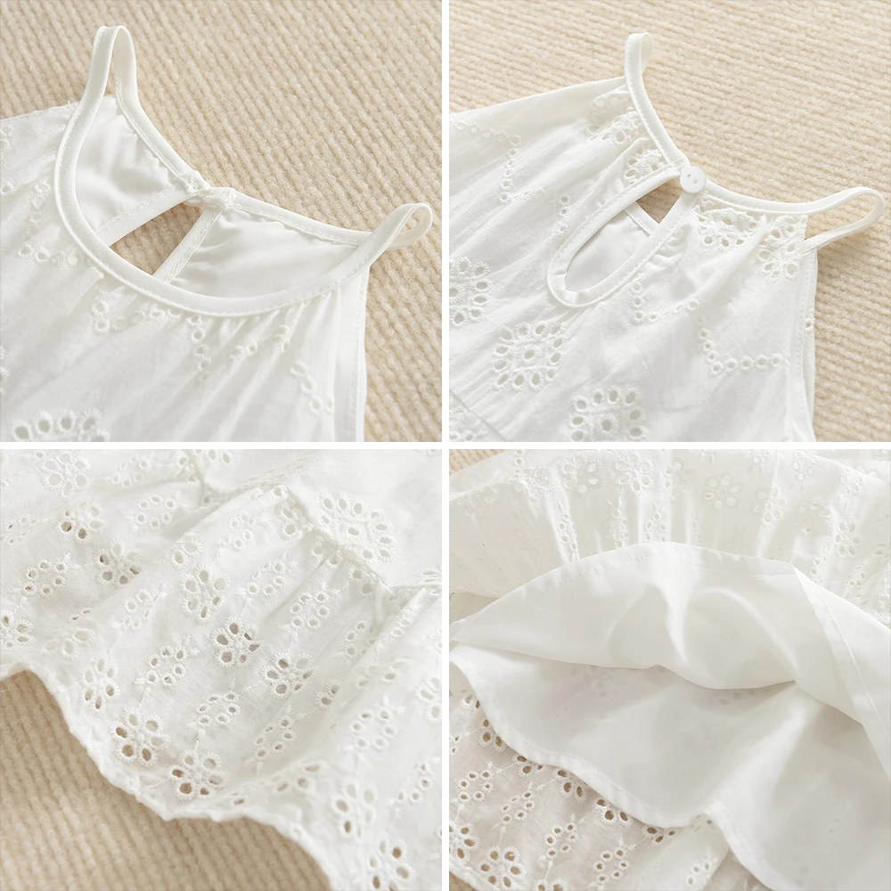 Sommer Einfarbig Casual Mädchen Kleid 2-7 Jahre Alt Weiß Mittellanges Hosenträgerkleid Baumwolle Tragen Einfarbige Kinderkleidung – Detail 9