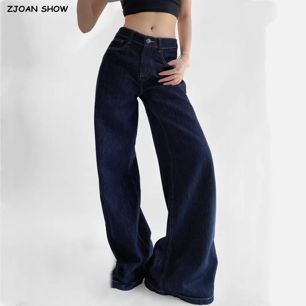 

2025 Baggy Zipper Middle Waist Straight Wide Leg Jeans American Retro Women Loose Denim Pants Floor Length Trousers Blue
