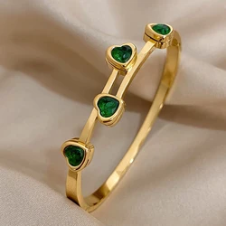 AENSOA 1PC Green White Pink Cubic Zirconia Heart Bracelets Stainless Steel Bracelets Women Open Cuff Bracelets Daily Jewelry