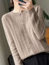 100% pure cotton cardigan spring women's new O-neck hollow loose and slimming cashmere sweater knitted thin