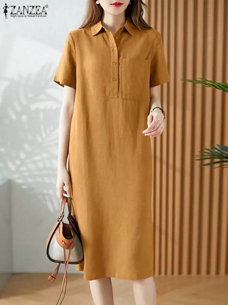 Summer Fashion Solid Shirt Dress Women Short Sleeve Button Lapel Sundress ZANZEA Casual Holiday OL Vestidos Femme Party Robe