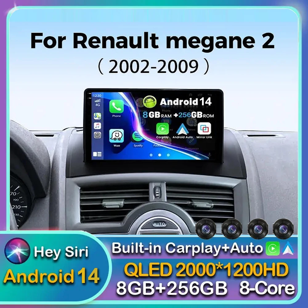 Android 14 Carplay Auto Car Radio For Renault Megane 2 2002 - 2006 2007 2008 2009 Multimedia Player Stereo GPS DSP WIFI+4G Video