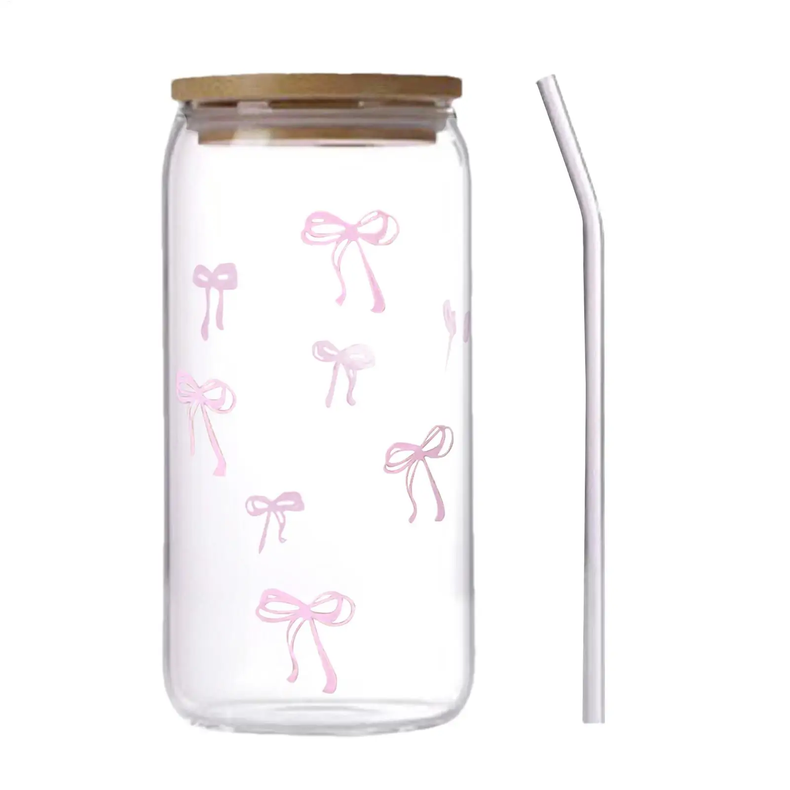 Transparenter Glasbecher, rosa Schleife, Blumenaufkleber, Getränkesaftbecher, geeignet für heiße und kalte Getränke, Fliege, Strohbecher