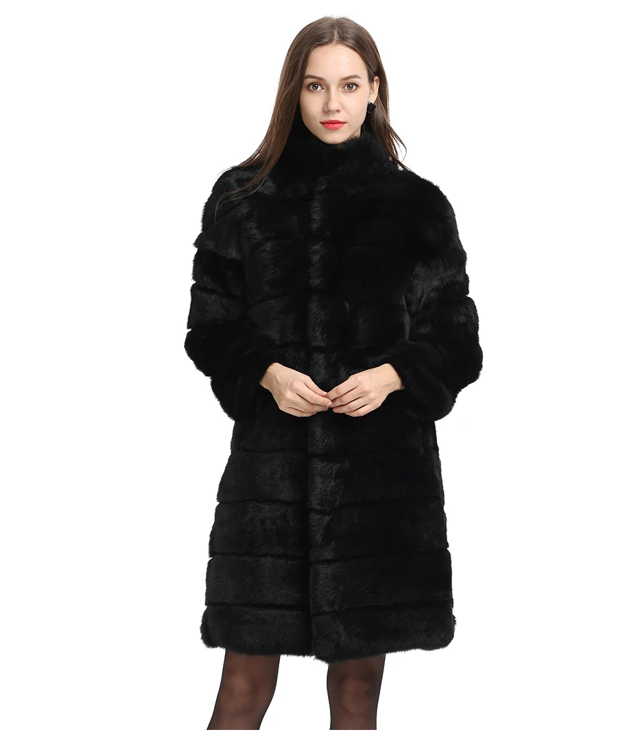 Real Rabbit Fur Coat New In Outerwears  Winter Stand Collar Thick Soft Warm Clothing Women Full Pelt Natural Long Fur Jacke 2023