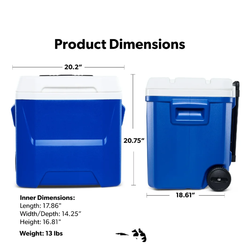 60 QT Blue Laguna Wheeled Hard Sided Ice Chest Cooler Long Lasting Ice Retention Large Capacity Portable Rolling Cool Box With Pull Handle And Wheels Stain Resistant Interior Perfect For Camping Fishing Beach Picnic Outdoor BBQ Travel Food Drinks Storage view 3