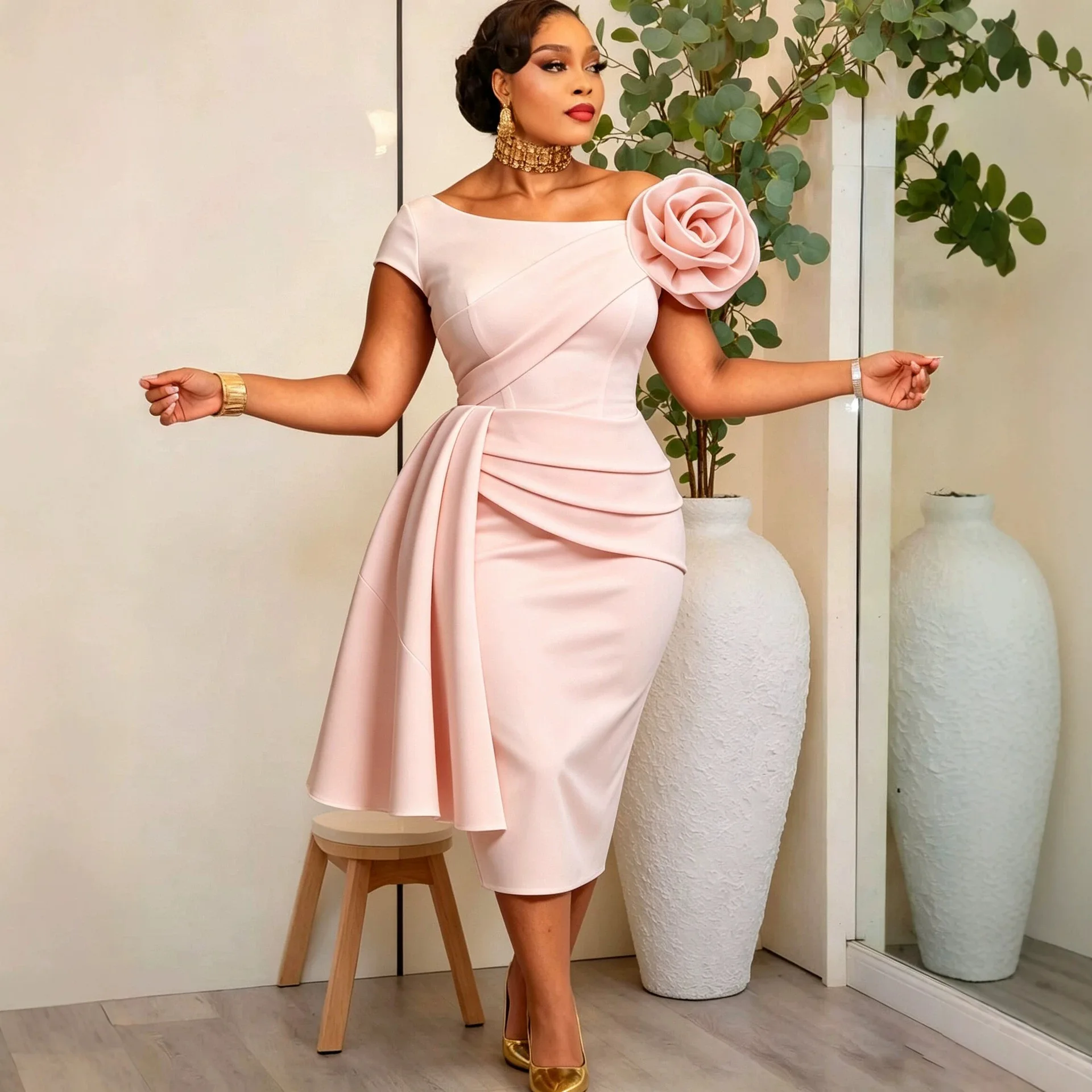 Women'S Formal Wear For A Wedding Guest - Afrikanische Damenkleider, One-Shoulder, asymmetrischer Ausschnitt, 3D-Blumen,