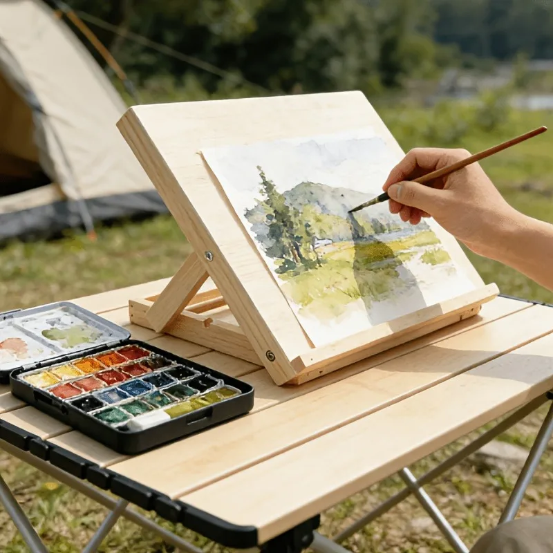Portable wooden easel, foldable tabletop sketching stand with an adjustable-tilt board; made of durable wood fiberboard; suitable for drawing and use as a drafting table.