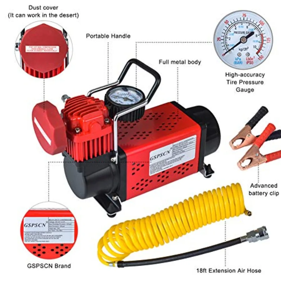 مضخة ضاغط هواء محمولة 12 فولت 150 رطل لكل بوصة مربعة منفاخ إطارات أحمر لسيارة شاحنة RV ATV كرات الدراجة جزازة العشب وغيرها من المطاطيات الثقيلة
