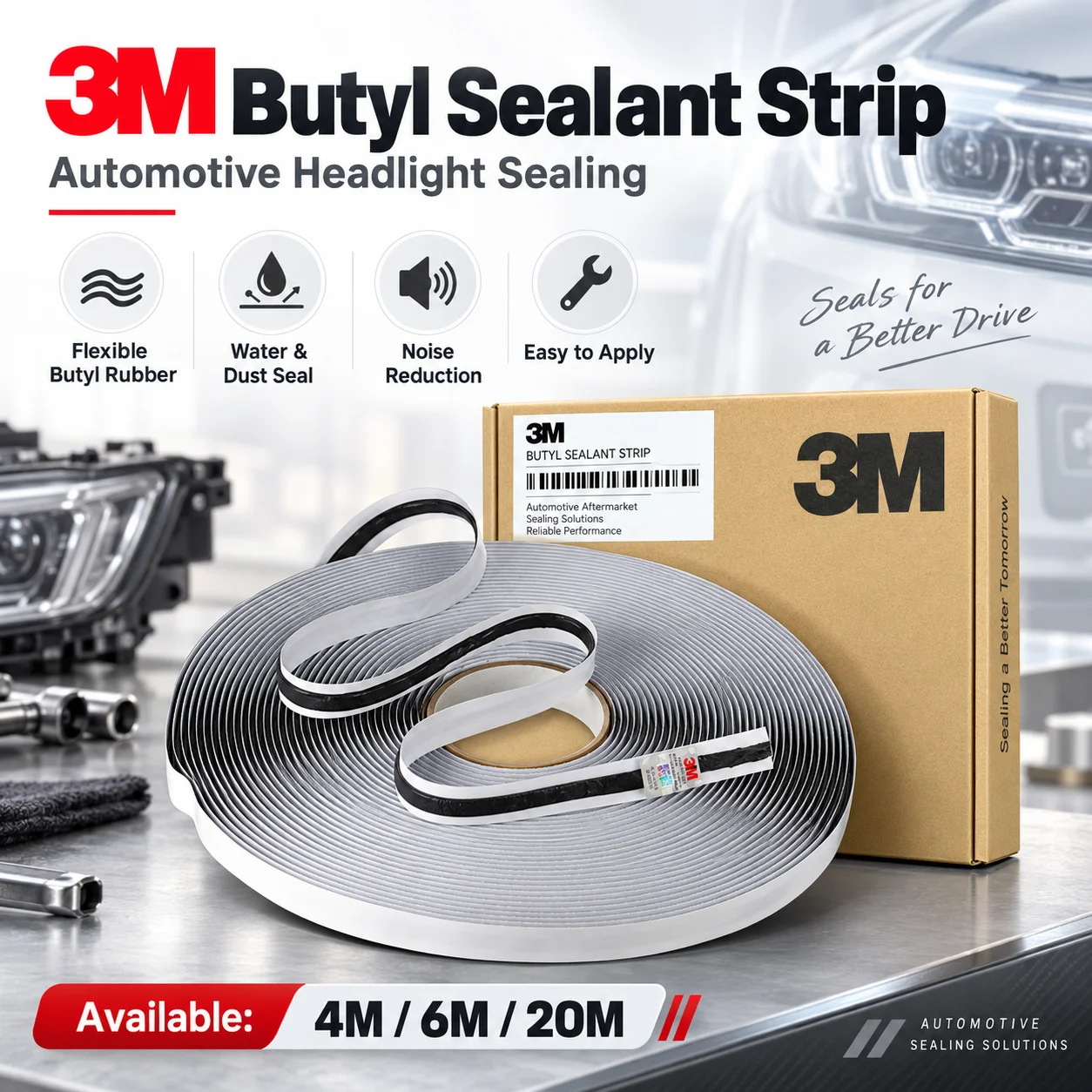 3M Butyl Sealant Strip Flexible Non-Hardening Waterproof Sealing Tape for Car Headlight Tail Light Door Speaker 4M 6M 20M