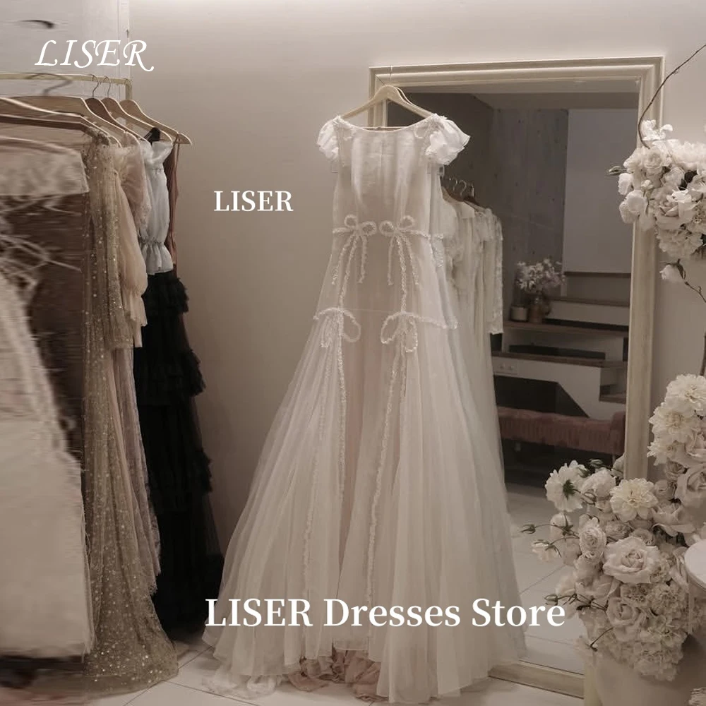 Liser O-pescoço Doce Coréia Vestidos de Casamento Manga Curta Tule Macio Sessão de Fotos Vestidos de Noiva Brilhantes ...........an espartilhos Personalizados Voltar