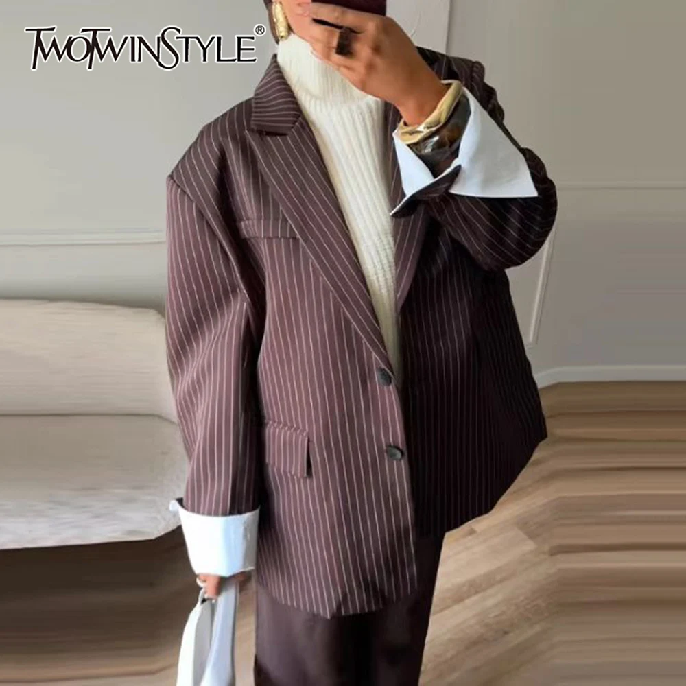 

TWOTWINSTYLE хитовая цветная офисная куртка для женщин с зубчатым воротником и длинными рукавами, свободное однобортное полосатое пальто, женское новое