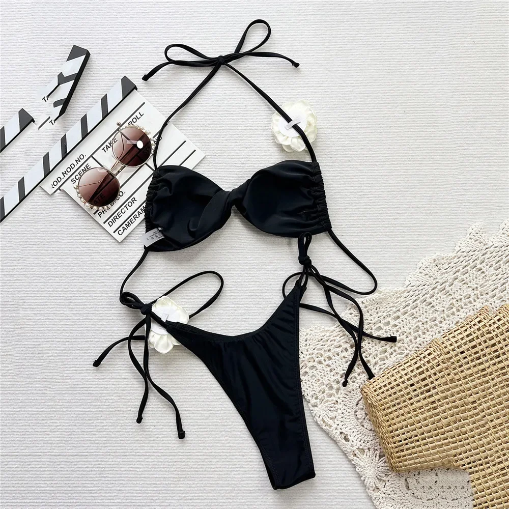 Sexy 3D Flower Micro Thong Bikinis Sets 2024 Women String Halter Lace-up Swimsuits Black Bandeau Swimwear Bathing Suit Bikini