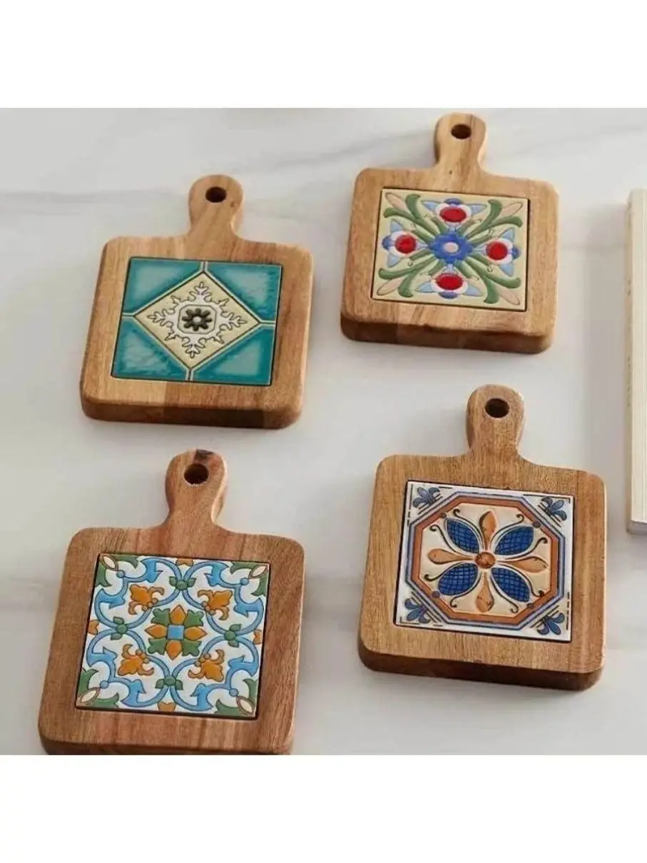 

4 pcs Wood Style Coasters Pot Mat Retro Heat Insulation Pad Flower Tile Pot Mat Plate Coaster Solid Wood Placemat Soup Mat