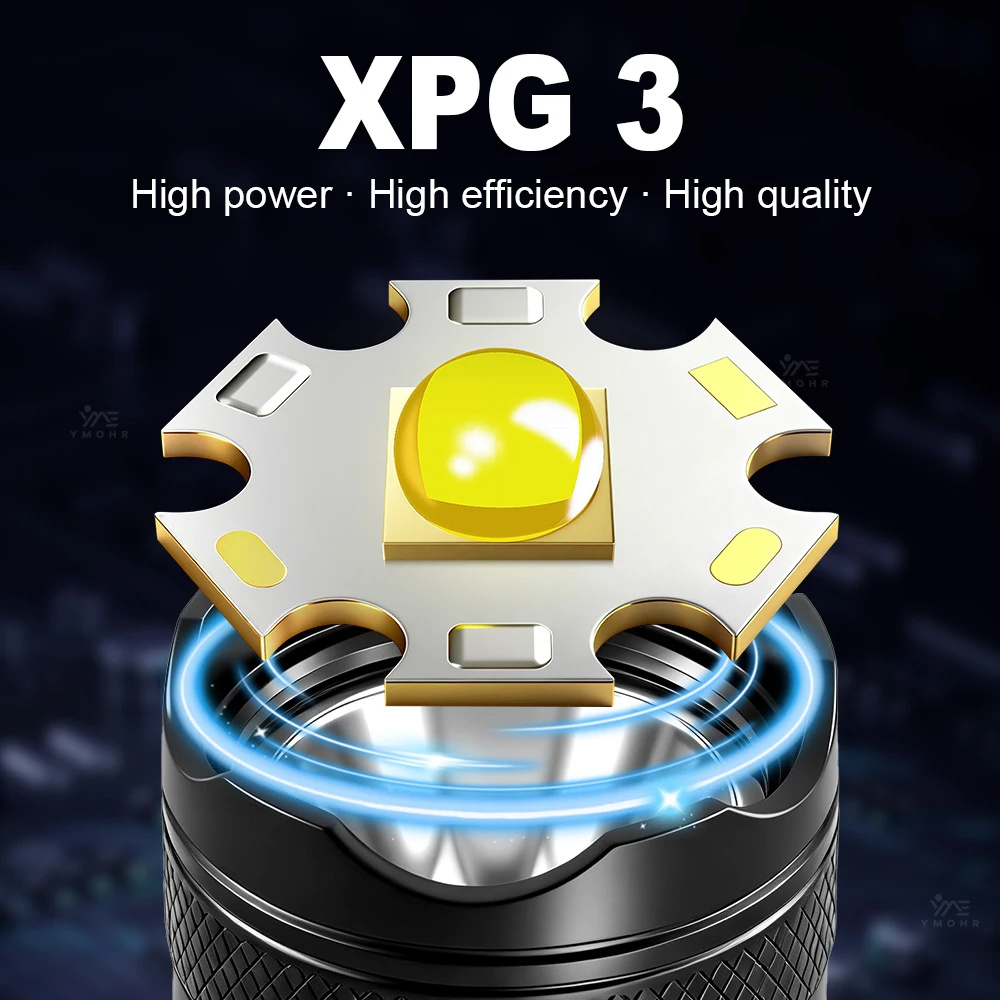 High Power Rechargeable LED Flashlight Portable Torch Waterproof Flashlights Power Display Outdoor Camping Hiking Fishing Light