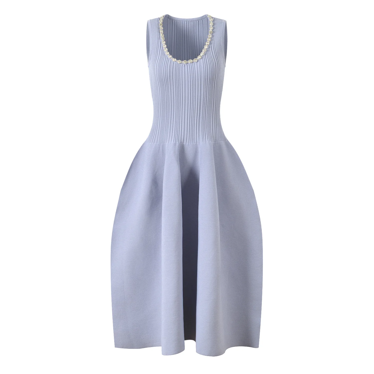 

Весенне-летнее высококачественное вязаное платье А-силуэта с пышной юбкой, украшенное стразами, с завышенной талией, средней длины