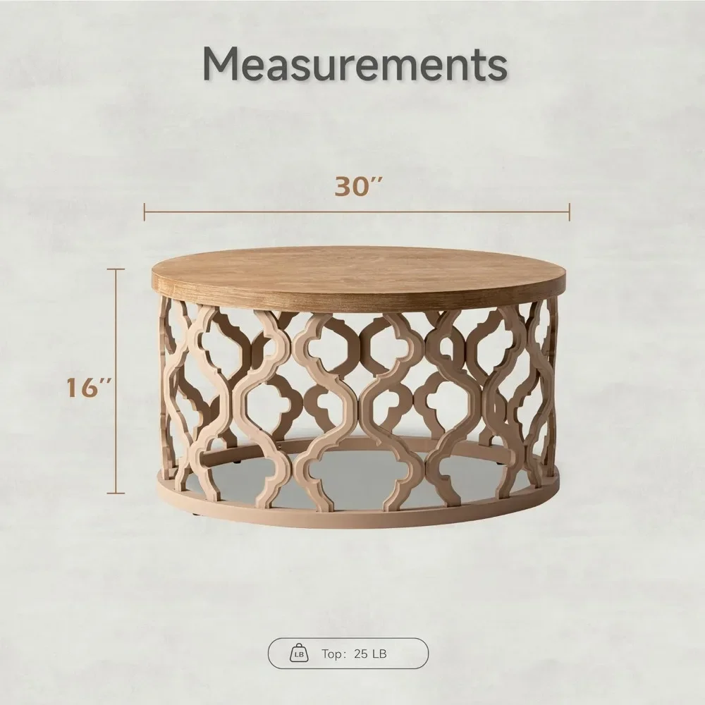 Farmhouse Coffee Table, Wood Top Table with Curved Motif Frame Base for Round Suitable for living rooms, bedrooms, apartments