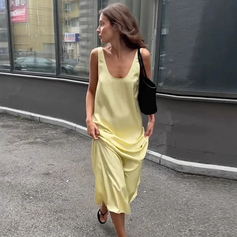 

Casual Sleeveless U-Neck Dress Women's Solid Loose Long Backless Fashion Dress Summer New Birthday Party Dress Female