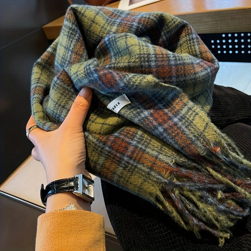 Vintage Green Plaid Tassel Scarf Women Imitation Cashmere Thickened Warmth Autumn Winter Shawl Wrap Scarves