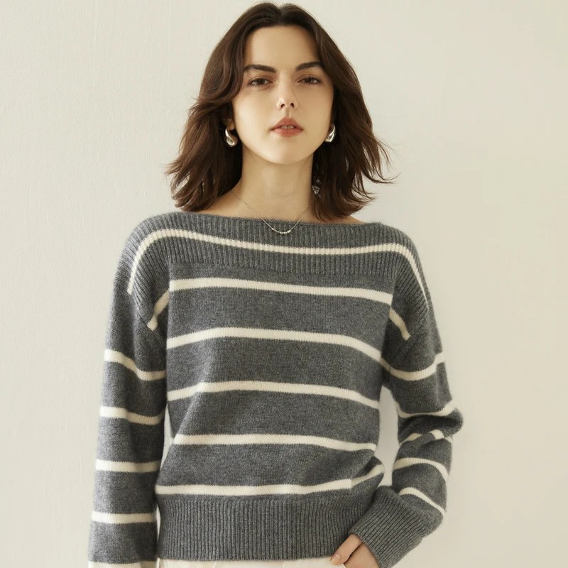 Women's sweater autumn/winter 100% pure cashmere pullover casual striped knitted Tops loose one-shoulder collar Blouse thickened