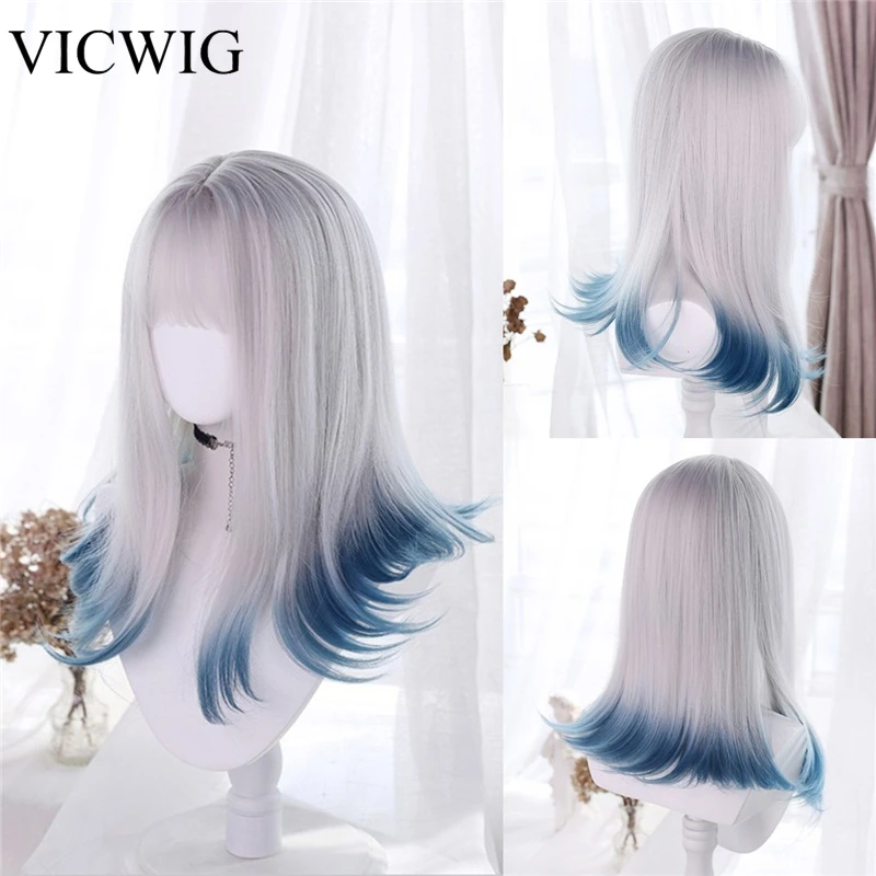 

VICWIG Cosplay Short Straight Synthetic Wig Women's Gradient Gray Blue Lolita Wigs with Bangs Heat-resistant Rose Net