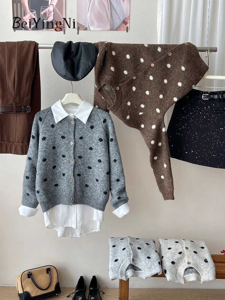 

Beiyingni 2025 Casual Women's Sweater Dots Printed Kpop Thick Warm Winter Female Gray Cardigans Lazy Street Tops Outwear Coats