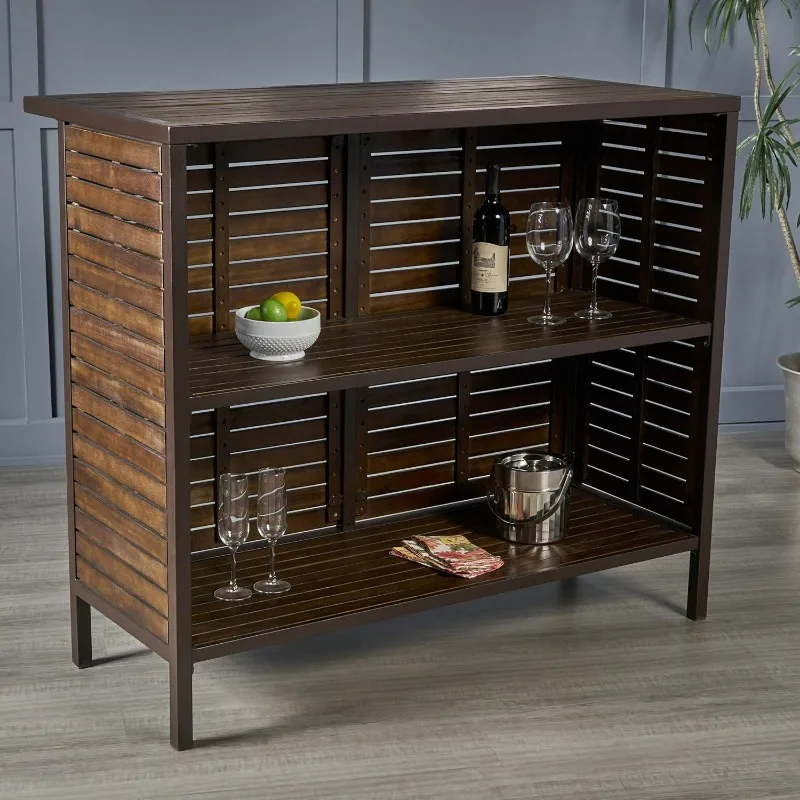 Indoor Acacia Bar Set with Rustic Metal Finish Accents