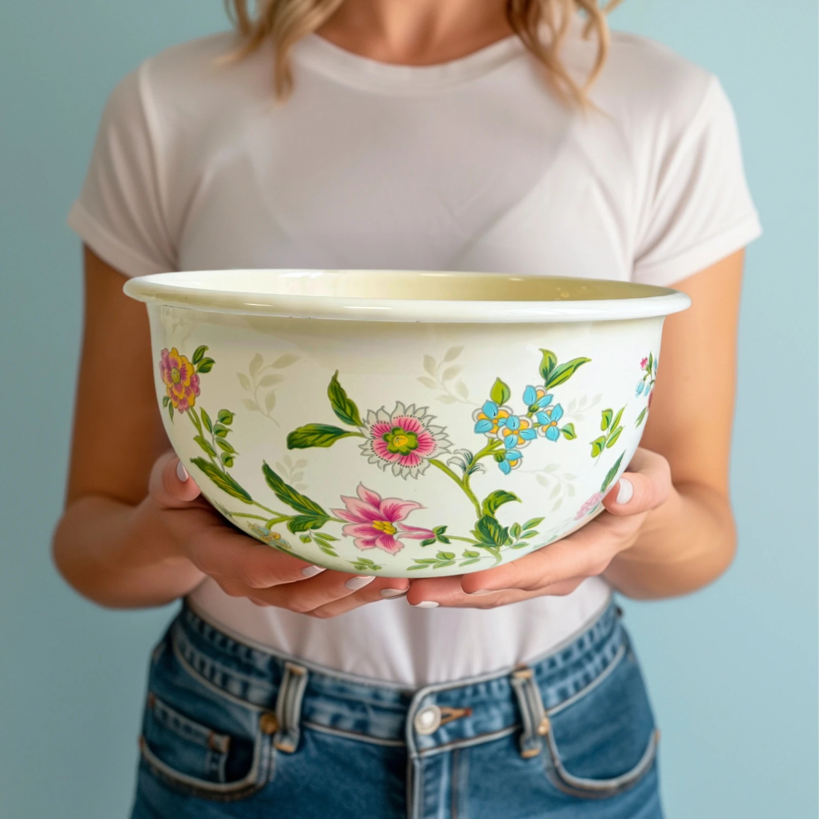 Enamel salad mixing bowl wide bowl mouth pastoral style small floral