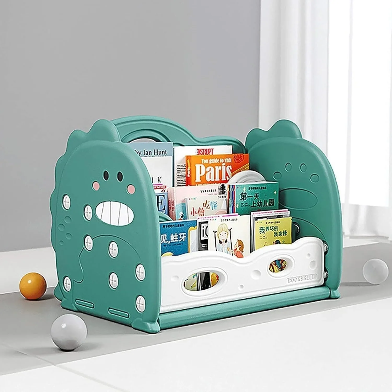 

Open Bookshelf 3-Tier Desktop Bookshelf Plastic Cute Dinosaur Bookcase Picture Book Storage Rack for Playroom Study Bedroom