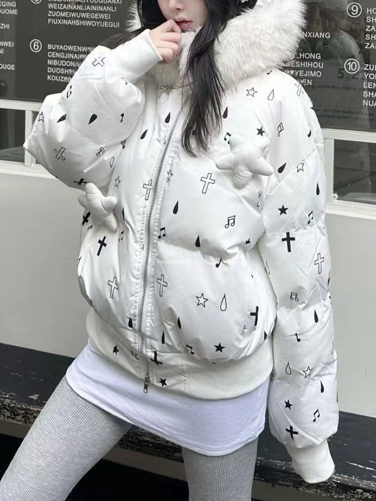 

Korean Style Stand Collar Hooded Coat Women's Winter Star Print Kawaii Loose Jacket Subculture Harajuku Aesthetic Outerwear