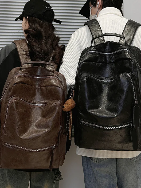 

Retro American Large Capaci Leather Feel Dual oulder Bag for Travel Women's Bapa Soft Leather Men's Student Bookbag