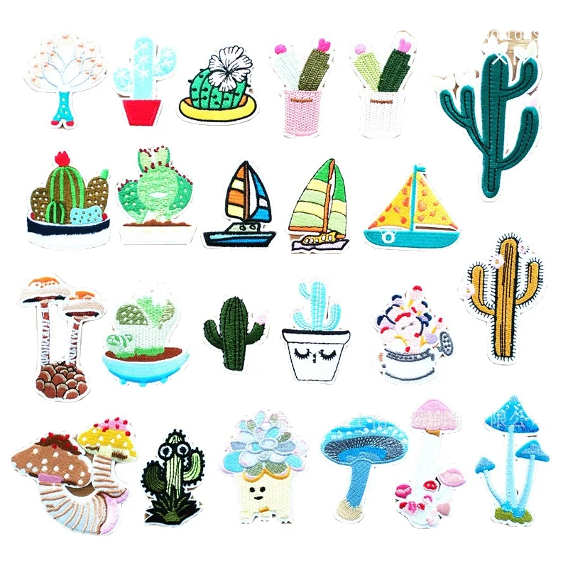 100pcs/Lot Anime Embroidery Patch Mushroom Cactus Bonsai Desert Plant Sailboat Shirt Bag Clothing Decoration Accessory Craft Diy