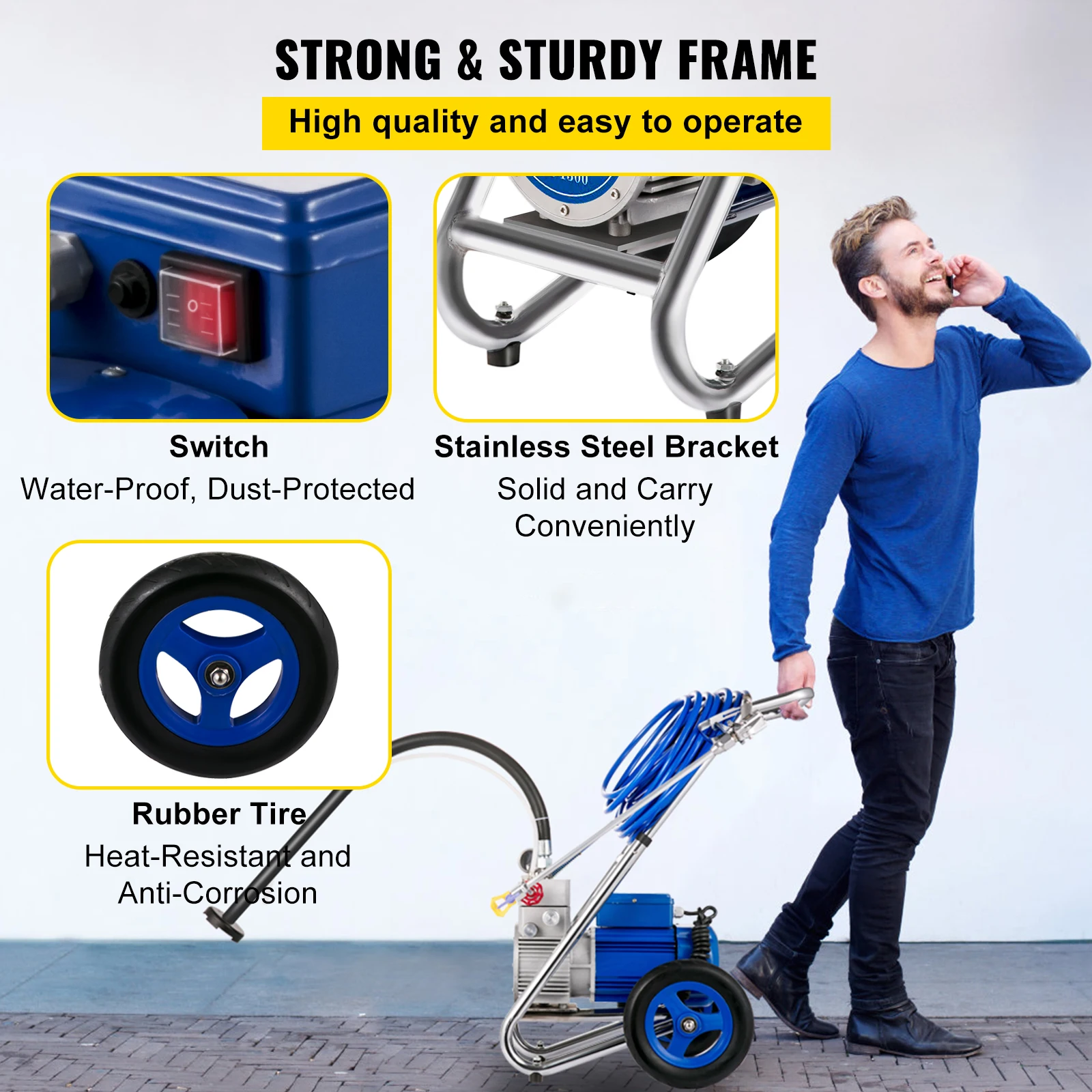VEVOR Commercial Airless Paint Sprayer กับรถเข็น1500W 4L/Min ไฟฟ้าเครื่องจิตรกรรมสำหรับตกแต่งภายในบ้านผนังภายนอกพ่น