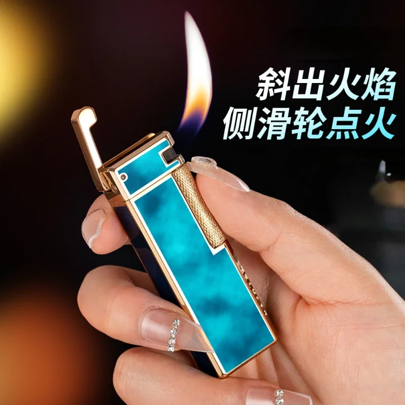 HD Resin Side Sliding Grinding Wheel Ignition Inclined Flame Tube Lighter Fashionable Metal High Quality Refill Gas Lighter