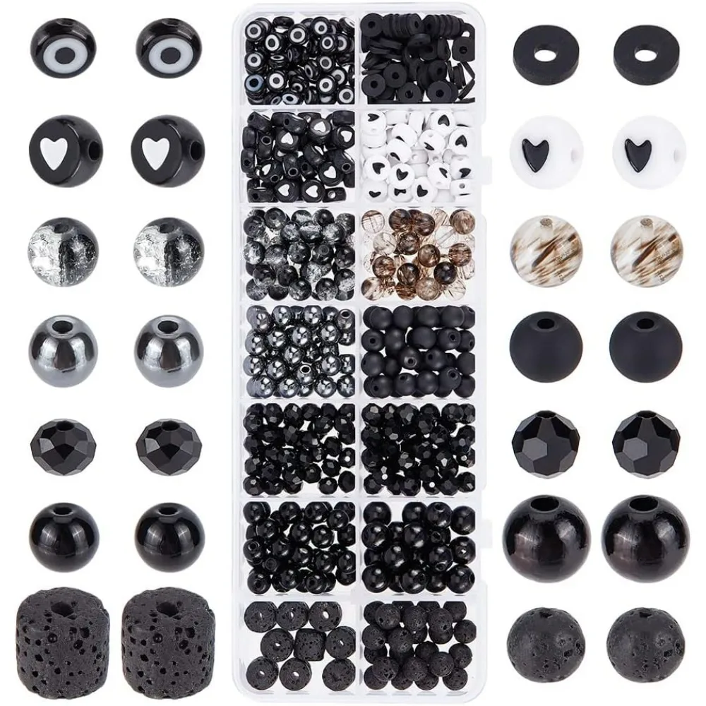 522 Uds. Cuentas redondas de vidrio de 6 ~ 8mm, cuentas de pulsera blancas y negras, cuentas sueltas de roca de Lava Natural, espaciador de Murano para Kit DIY