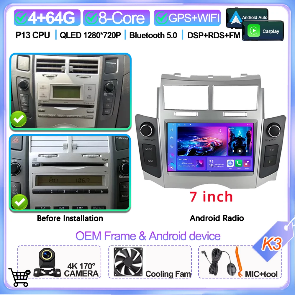 7'' Android 16 autoradio voor Toyota Yaris Xp90 Vitz Platz 2005 - 2012 GPS navigatie stereo Carplay auto multimedia videospeler