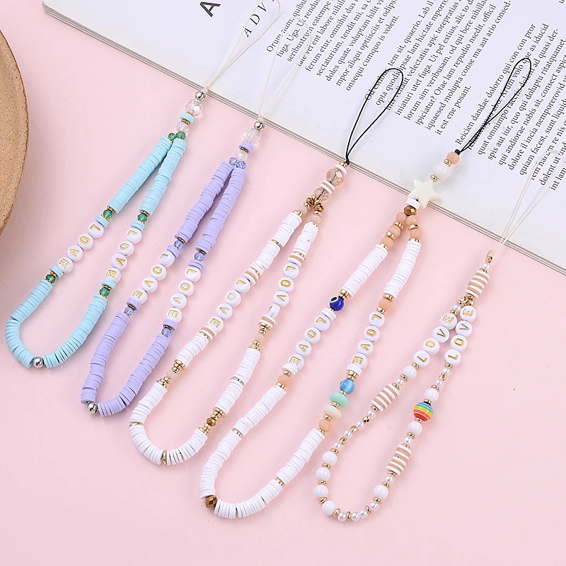 Sweet Clay Anti-Loss Telephone Chain Acrylic LOVE Letter Mobile Phone Chain For Women Jewelry Cellphone Hanging Cord Girls