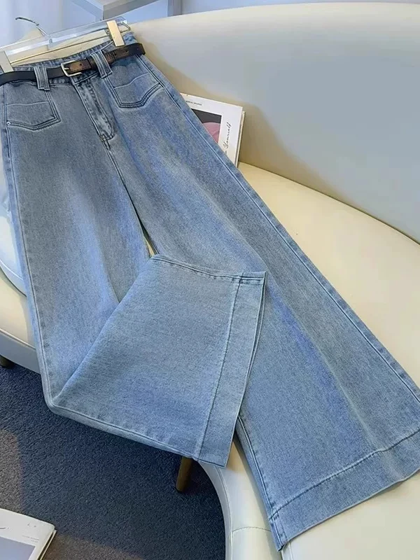 High Waist Wide Leg Jeans Women's Autumn New Style Loose Straight Floor-Length Pants Slimming Effect Soft Denim Fabric