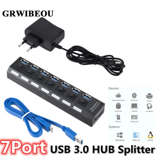 GRWIBEOU USB 3.0 Hub USB Hub 3,0 utiliza adaptador de corriente divisor Multi USB 7 puertos múltiples expansor de 3 Hab USB Hub con interruptor para PC