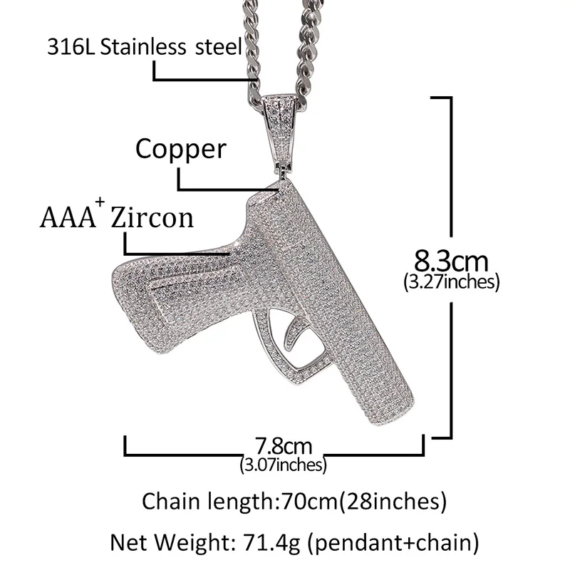 Hip Hop Full AAA Cubic Zirconia Bling Ice Out Automatic Pistol Gun Pendants Necklace for Men Rapper Jewelry Gold Color