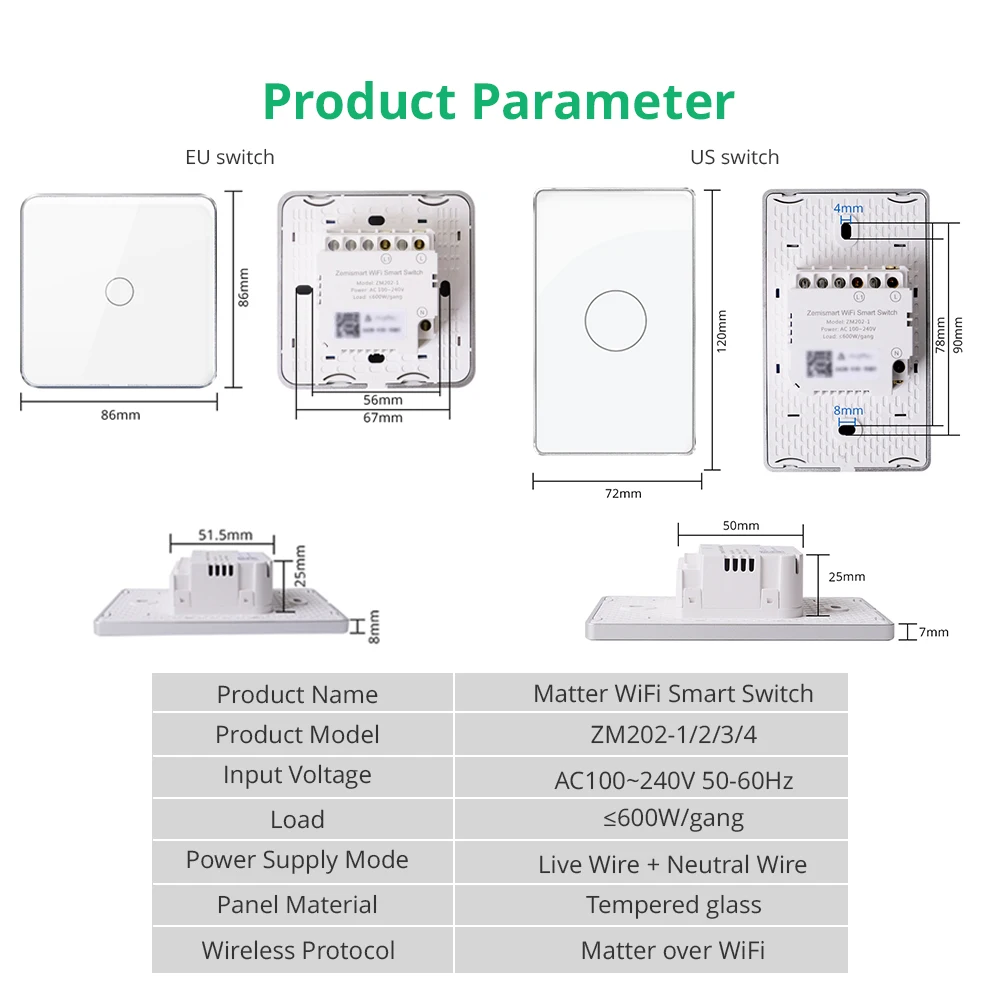 Zemismart Matter Over WiFi Smart Light Switch US EU Montaggio a parete Interruttori tattili HomeKit SmartThings APP Telecomando