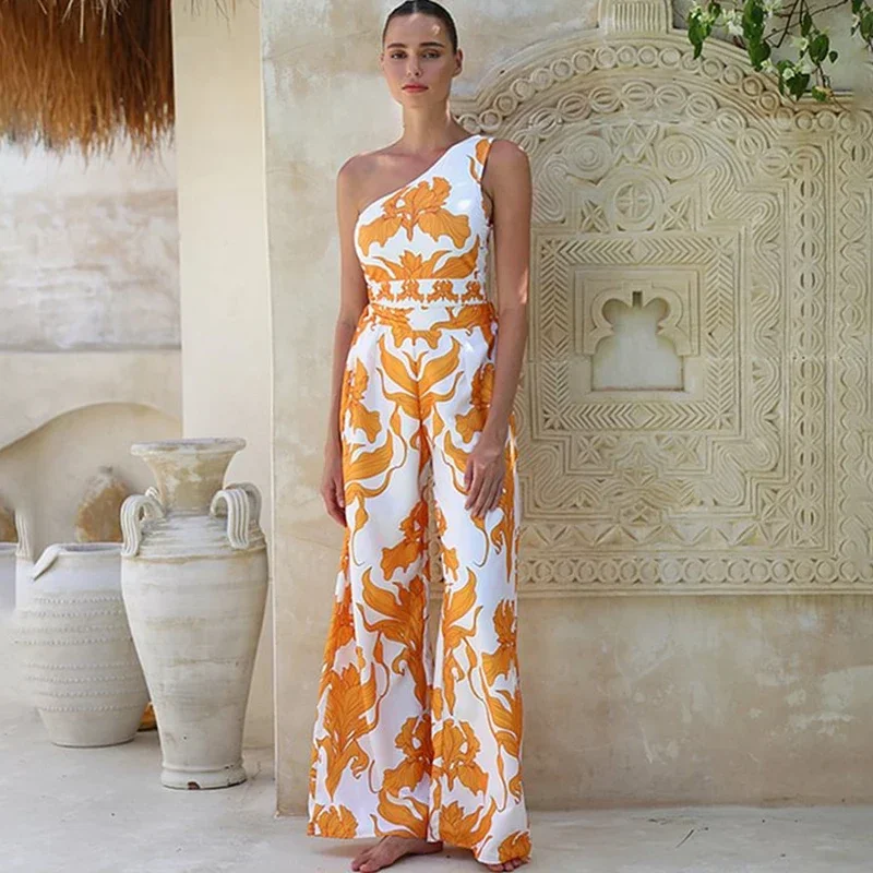 Women Summer Elegant One Shoulder Iris Print One Piece Swimsuit and Pants Casual Wide Leg Pants Jumpsuits For Women Overalls