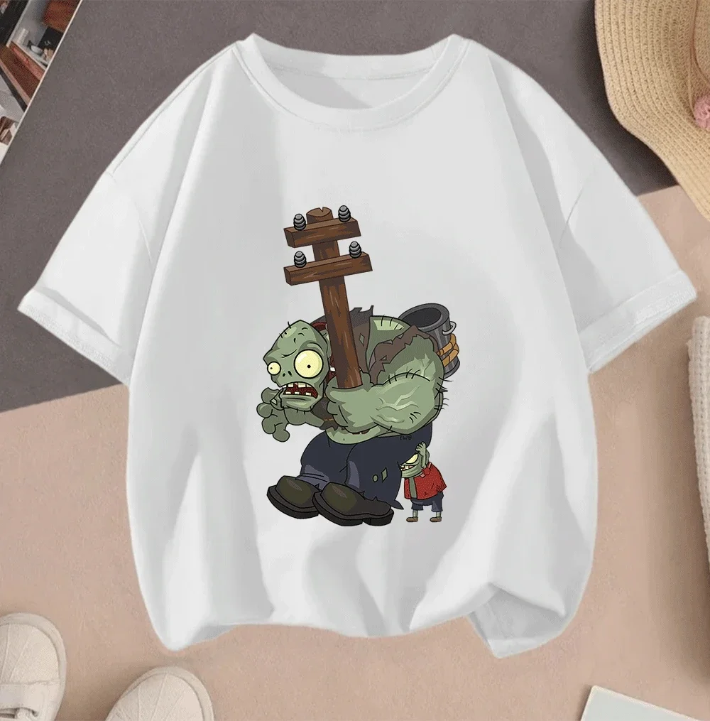 

2026 Casual Summer Short Sleeve Tops Hot Sale 2D Plants Vs Zombies Cartoon Print For Teenagers Children Boys Girls