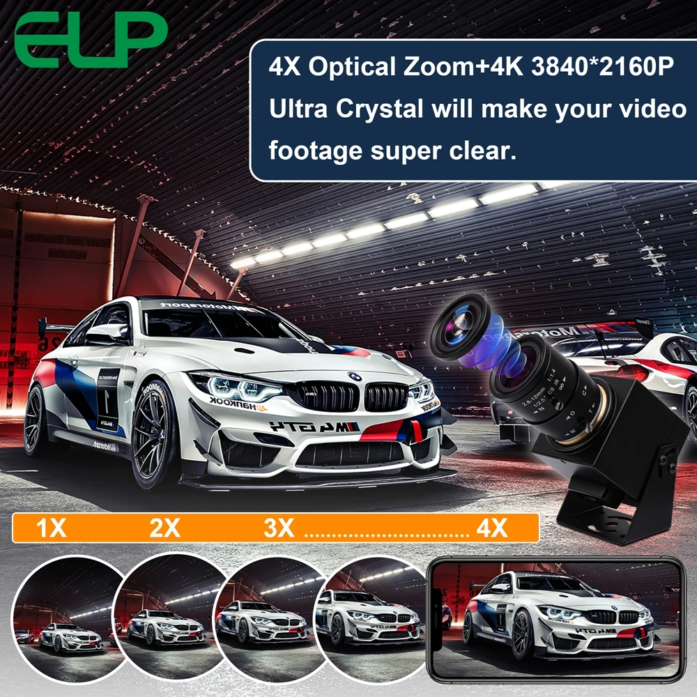 كاميرا ELP 4K 30fps HDMI USB H.265/H.264 4X زووم بصري USB كاميرا ويب للكمبيوتر الشخصي مع عدسة Varifocus اليدوية 2.8-12 مم للبث المباشر
