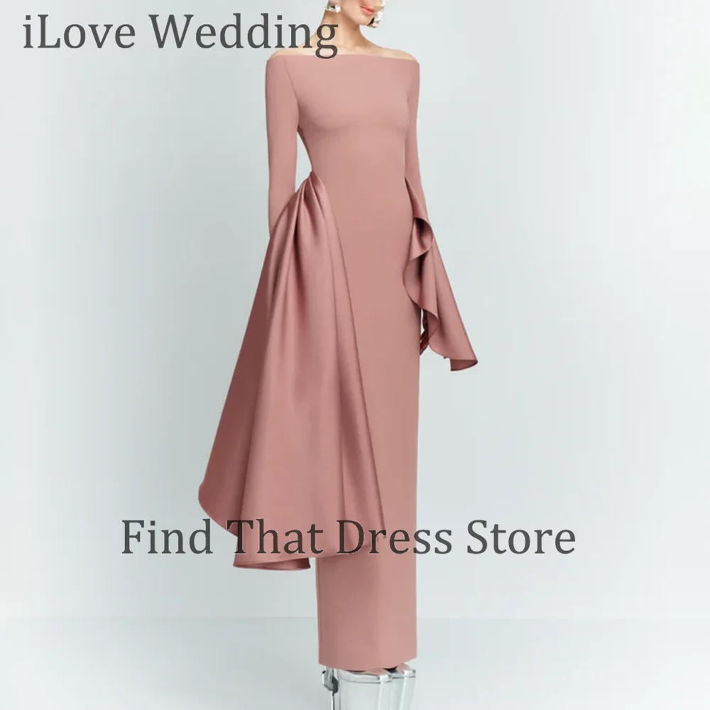 

Custom Made Popular O-neck Satin Pleated Formal Evening Gown Sheath Floor Length Prom Party Dress with Long Sleeve robes de